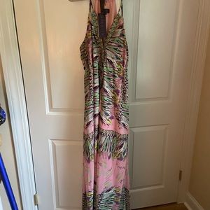 Hale Bob Maxi Dress, pink multicolor, halter style, size L, NWT, never worn!
